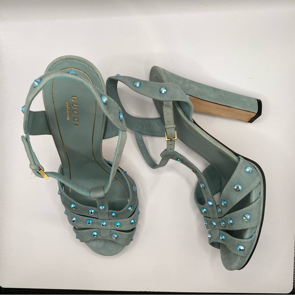 Gucci Jacquelyne Suede T-strap Heels with Crystal Accents - Picture 4 of 11